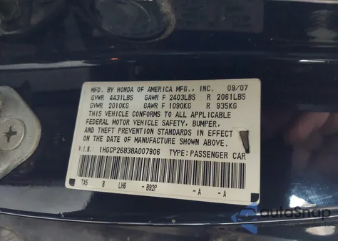 2008 Honda Accord 2.4 Ex-L из США, поврежденный, VIN 1HGCP26838A007906